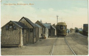 Newburyport clam shanties with trolley, press image to enlarge.