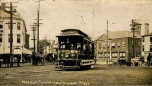 Newburyport's Market Square and the trolley. Press image to enlarge