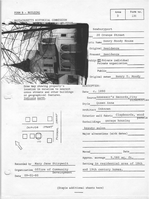 20 Orange Street,Henry Moody House, Newburyport Historic Survey