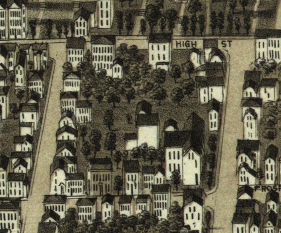 1880 Birds Eye Map showing the Old Almshouse