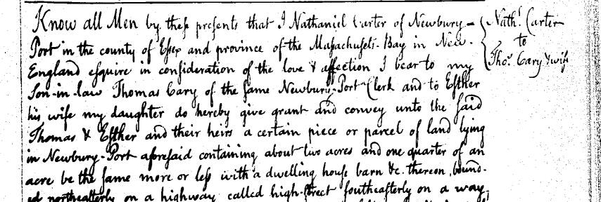 Excerpt of the 1775 Deed to Thomas and Esther Cary from Esther's father, Nathaniel Carter